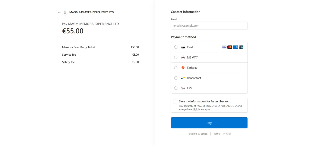 Stripe checkout for MAGM Memora Experience Ltd totalling €55.00, itemised as Memora Boat Party Ticket €50.00, Service fee €3.00 and Safety fee €2.00, beside a payment panel offering card, MB WAY, Satispay, Bancontact and EPS