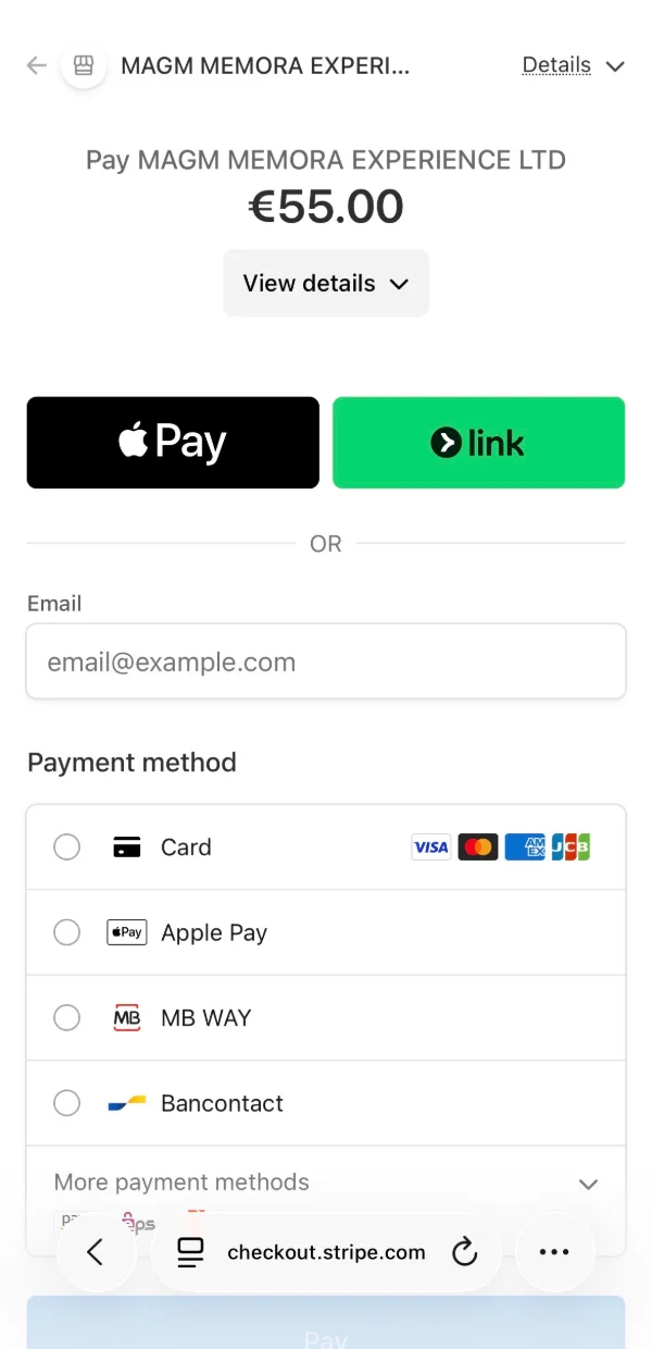 The same €55.00 checkout on a phone at checkout.stripe.com, offering Apple Pay and Link as one-tap options above the card, Apple Pay, MB WAY and Bancontact list