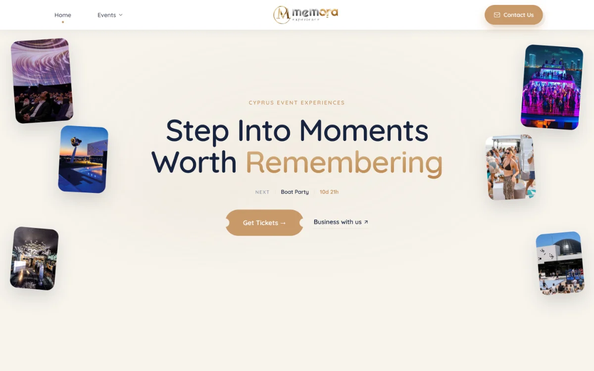 Memora Experience homepage, with floating event photos framing the headline and a countdown to the next boat party